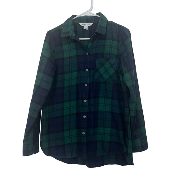 Old Navy Womens Green & Navy Plaid The Classic Fit Button-Up Flannel Shirt SZ M - Picture 1 of 11